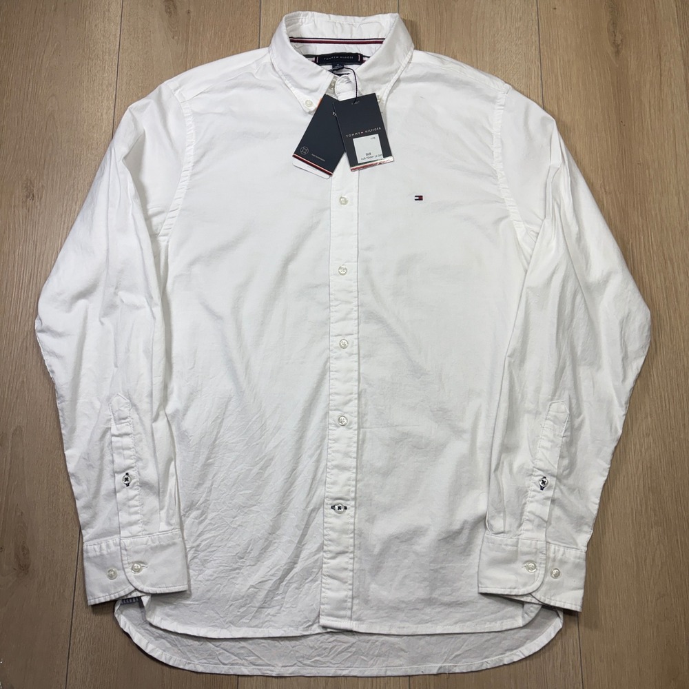 Tommy Hilfiger Mens White Long Sleeve Oxford Shirt TH Flex Regular Fit Medium